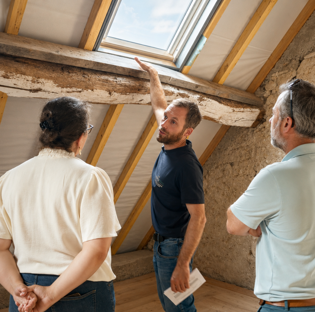 Artisan ATECO BOIS échange avec des clients dans des combles avant de choisir une solution d’isolation de toiture.