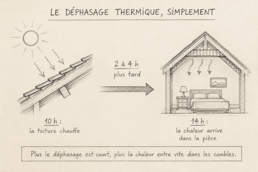 Schéma au crayon expliquant le déphasage thermique entre une toiture chauffée à 10 h et l’arrivée de la chaleur dans une chambre sous combles vers 14 h.